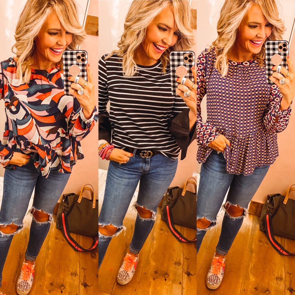 Winter to Spring Essentials by popular Nashville fashion blog, Hello Happiness: collage image of a woman wearing a Anthropologie Cheyenne Peplum Blouse, Anthropologie Adele Bell-Sleeved Tee, and Amazon Levi's Women's 721 High Rise Distressed Skinny Jeans.
