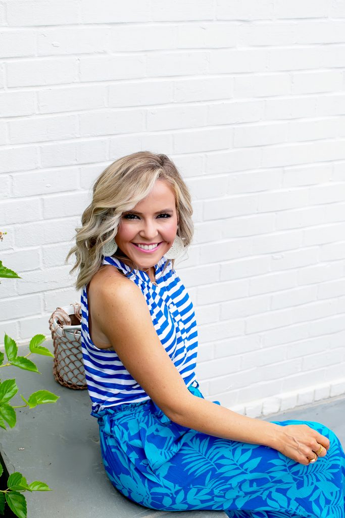 Gibson x Hi Sugarplum Summer of Color Collection by top us fashion blog, Hello Happiness: image of smiling woman wearing a Gibson x Hi Sugarplum Summer of Color Collection Paros soft henley nautical stripe sleeveless and Milos wide leg blue lagoon paper bag pants. 
