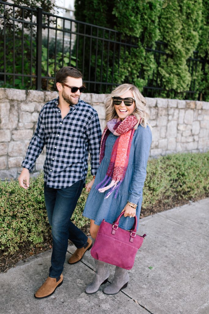 Date Night Outfit Ideas Done Right | Bonobos Style by popular Nashville fashion blog, Hello Happiness: image of a man walking with his wife outside and wearing a Bonobos button down shirt, Bonobos Stretch Eco Jeans and Bonobos The Alpern Chelsea Boot.