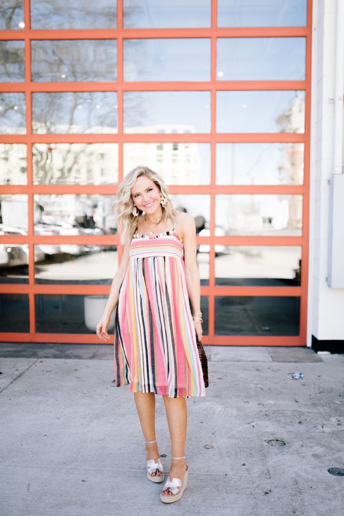Cute Spring Dresses featured by top US fashion blog Hello! Happiness; Image of a woman wearing Social Threads Dress, Caged Basket Bag and Gold Wedges.