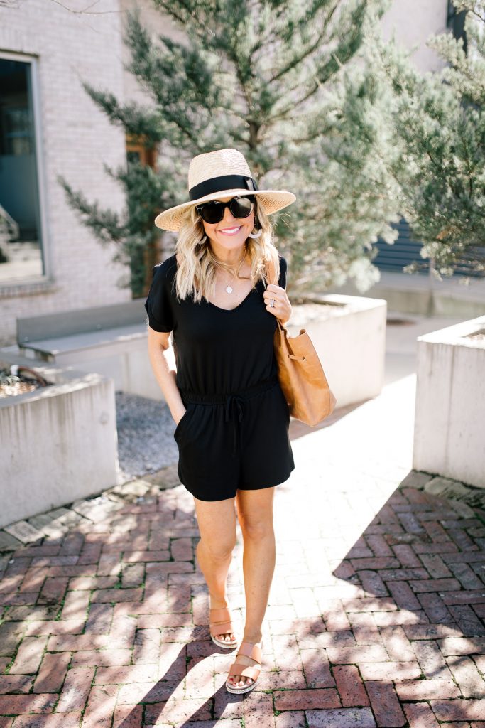 Little Black Romper featured by top US fashion blog Hello! Happiness; Image of a woman wearing a black romper from Z Supply and straw hat from Shopbop.