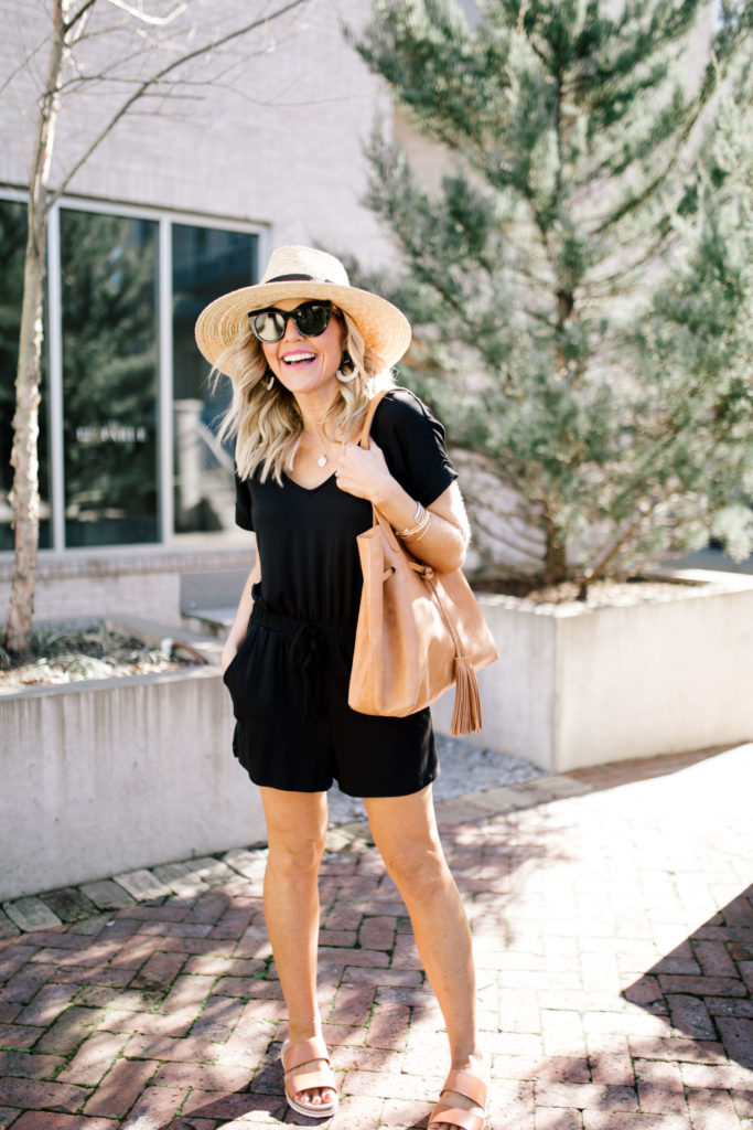 Shopbop Sale by popular Nashville fashion blog, Hello Happiness: image of a woman wearing a Shopbop Z Supply Blaire Sleek Jersey Romper.