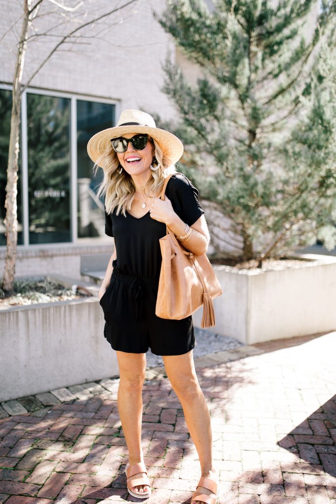 Little Black Romper featured by top US fashion blog Hello! Happiness; Image of a woman wearing a black romper from Z Supply and straw hat from Shopbop.