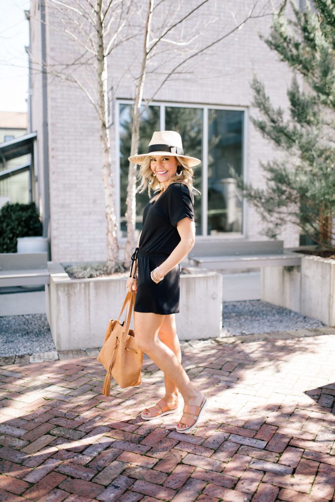 Ready, Set, SHOP! The Best in 4th of July Sales by popular Nashville fashion blog, Hello Happiness: image of woman standing outside in front of a grey brick building wearing Main, color, BLACK LEATHER (20) Asha Slide Sandal by SAM EDELMAN