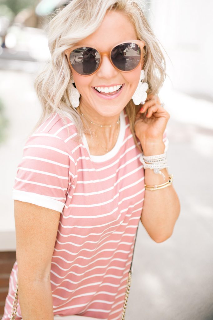 Pretty Pink Lily Favorites...by popular Nashville fashion blog, Hello Happiness: image of a woman wearing a Pink Lily Blissful Days Striped Dress, Marmont Crossbody, The Natalie Snakeskin Print Sneakers, Indie Mae The Layla earrings, Silver Dorado Wrap Bracelets, and Julie Vos MILANO BANGLE.