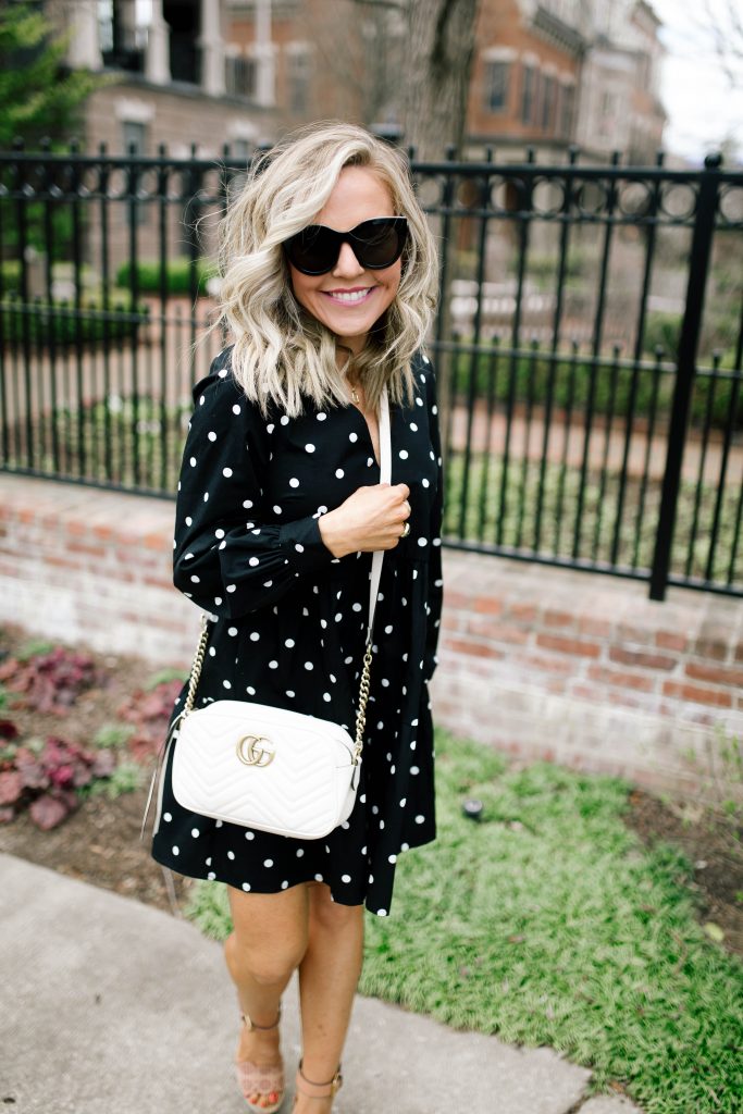 Life is Short... Buy the Bag! Designer Handbags with eBay Authenticate featured by top US fashion blog, Hello! Happiness; Image of woman wearing a black polka dot dress, Gucci Marmont purse and Chloe Eyelet wedges
