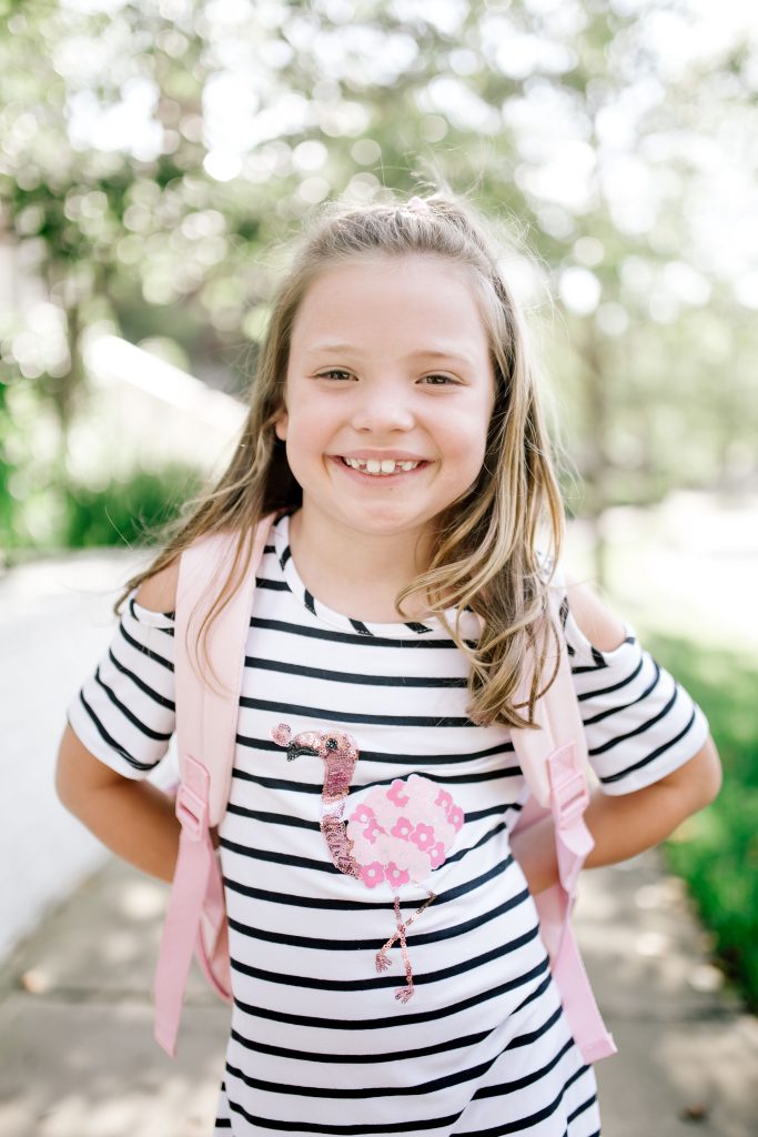 Happy 8th Birthday Daughter by popular Nashville lifestyle blog, Hello Happiness: image of a little girl wearing a sequin flamingo shirt. 