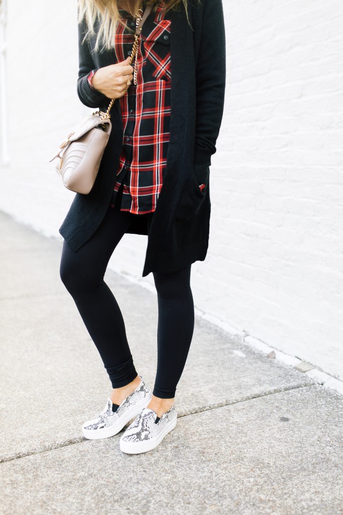 Top 10 of 2019 favorites + best sellers by popular life and style blog, Hello Happiness: image of a woman wearing Spanx faux leather leggings. 
