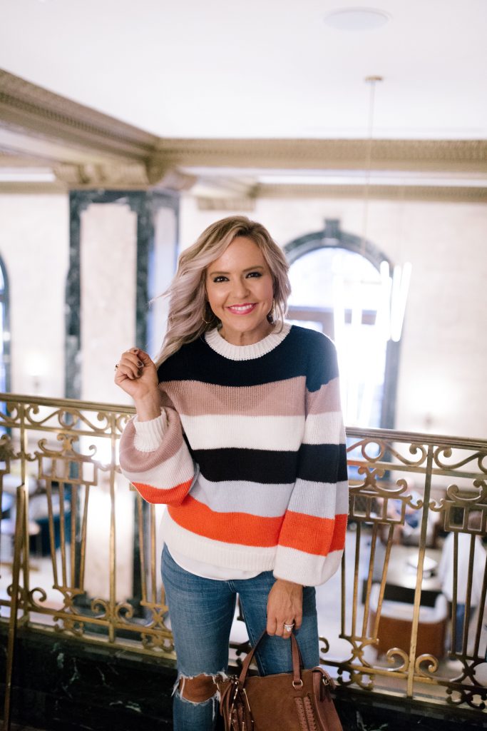 New + Now Under $100 Shopbop Favorites by popular Nashville fashion blog, Hello Happiness: image of a woman wearing a Shopbop WAYF Weston Stripe Sweater and Shopbop Levi's 721 High Rise Distressed Skinny Jeans.