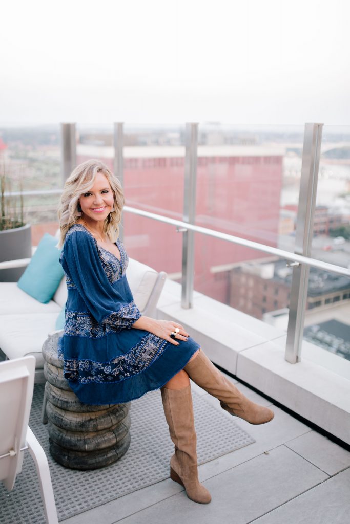 The New and Now at Noelle Nashville by popular Nashville blog, Hello Happiness: image of a woman at the Rarebird Rooftop Bar in the Noelle hotel in Nashville and wearing a Free People My Love Long Sleeve Minidress, Sole Society PRONY WEDGE BOOT, Nordstrom Gucci Medium GG Marmont 2.0 Matelassé Leather Shoulder Bag, and Able earrings. 