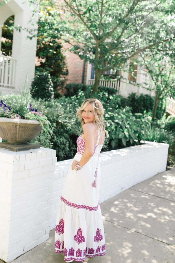 Maxi Dresses by popular Nashville fashion blog, Hello Happiness: image of Natasha Stoneking wearing a Anthropologie Manuela maxi dress, Allie + Bess stackable bracelets, Hat Attack Jewel Box clutch, and See by Chloe See by Chloe Glyn Platform Espadrilles.