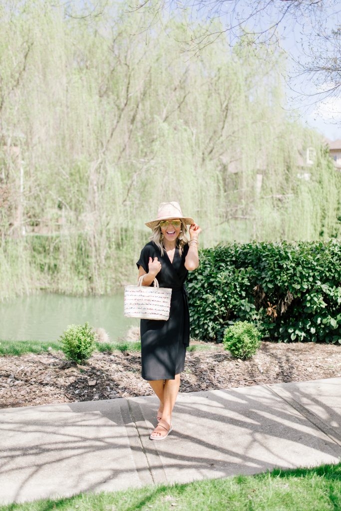 Black Midi Dress featured by top US fashion blog Hello! Happiness; Image of a woman wearing Charles Henry black dress, Hat Attack hat, Hat Attack sequin straw bag and Sam Edelman sandals.