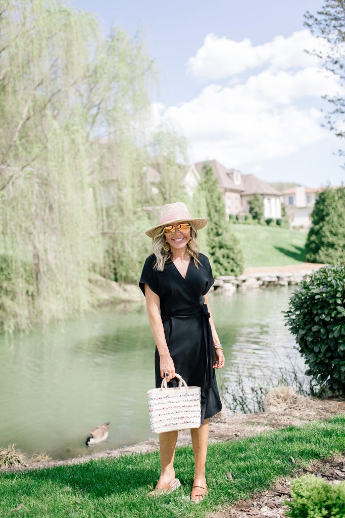 Black Midi Dress featured by top US fashion blog Hello! Happiness; Image of a woman wearing Charles Henry black dress, Hat Attack hat, Hat Attack sequin straw bag and Sam Edelman sandals.