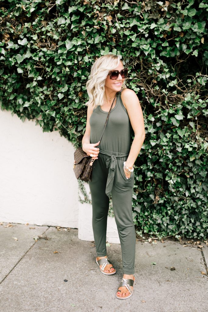 My Favorite Summer Ensembles... One and Done Wonders by popular Nashville fashion blog, Hello Happiness: image of a woman outside wearing a LOFT BEACH TERRY TIE WAIST JUMPSUIT, fitflop SCALLOP Leather Slides, and Diff Sasha 53mm Polarized Sunglasses.