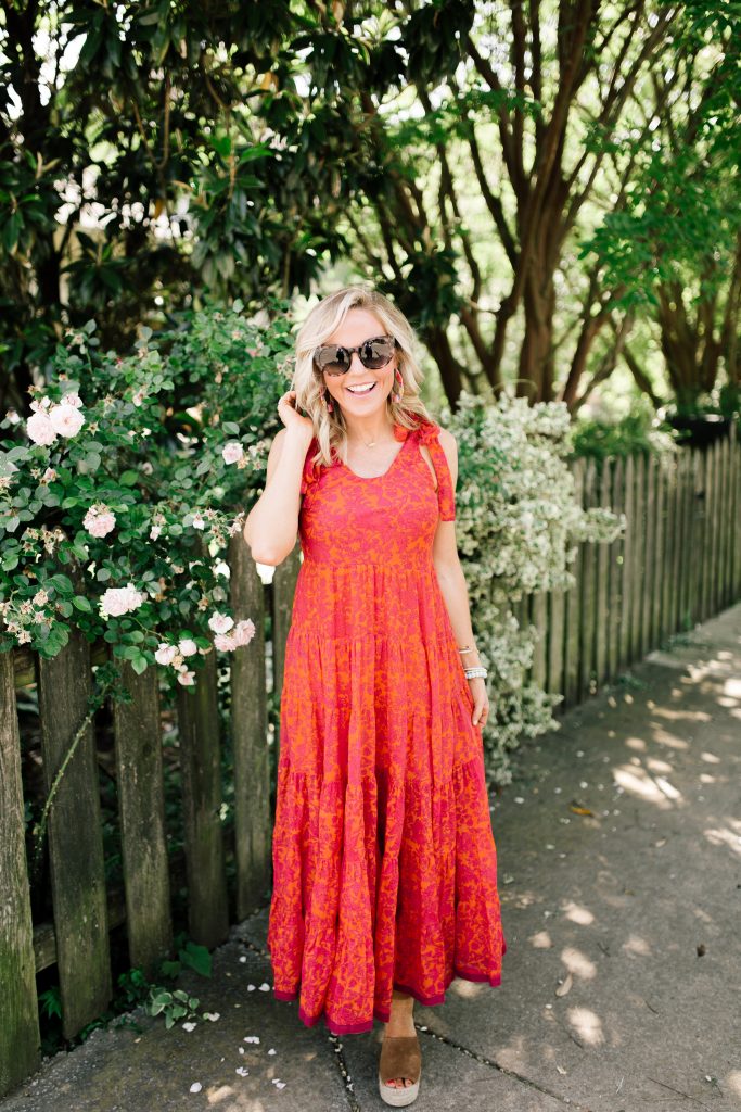 Evereve Summer Collection featured by top US fashion blog Hello! Happiness; Image of a woman wearing Free People midi dress and Marc Fisher wedges.