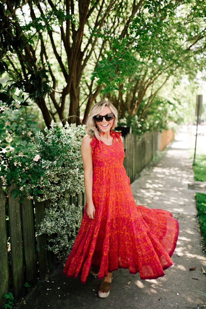 Evereve Summer Collection featured by top US fashion blog Hello! Happiness; Image of a woman wearing Free People midi dress and Marc Fisher wedges.