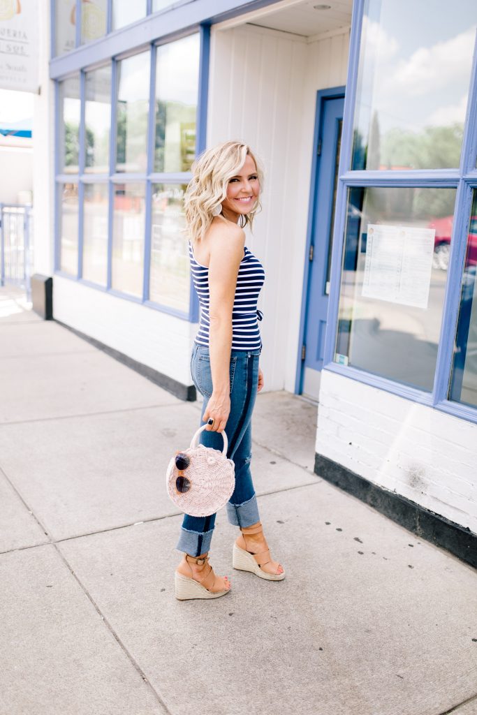 We Dress America featured by top US fashion blog Hello! Happiness; Image of a woman wearing a Walmart off the shoulder top, Walmart jeans, Walmart wedges and Walmart purse.