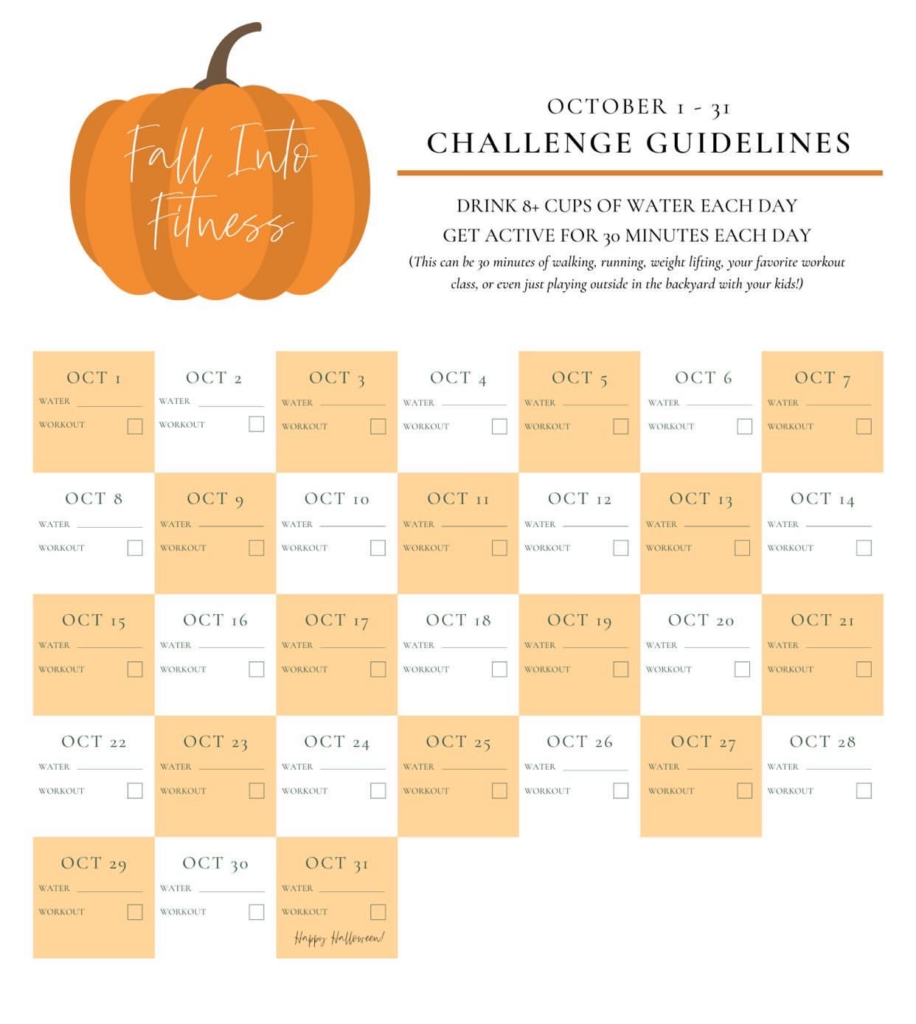 Fall Fitness Challenge by popular Nashville lifestyle blog, Hello Happiness: image of a printable Fall Fitness Challenge calendar. 