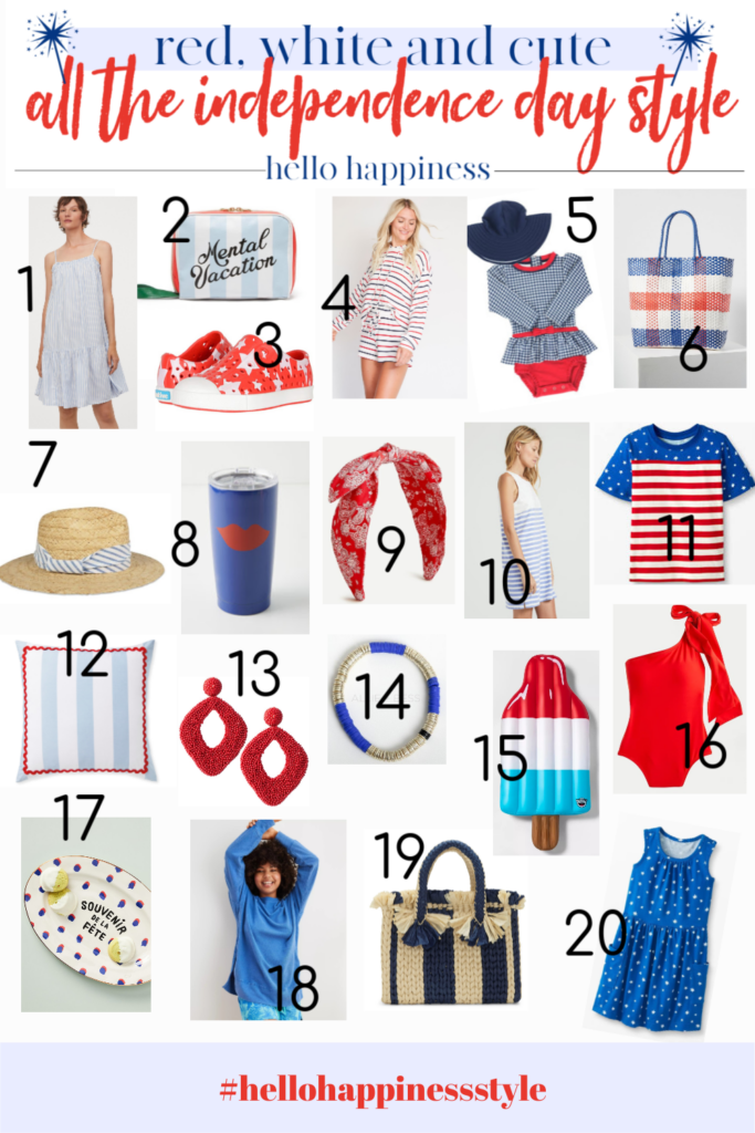 4th of July Fashion by popular Nashville fashion blog, Hello Happiness: collage image of stripe tank dress, straw hat, bandana headband, rocket pop pool floatie, red one shoulder swimsuit, blue and gold bracelet, Jefferson sneakers, Baby Girl Rashguard and hat set, Mental Vacation cosmetic bag, Travel tumbler, blue and white stripe pillow, red beaded earrings, summer dessert sweatshirt, souvenir platter, Emei stripe tote, and star print pocket dress. 