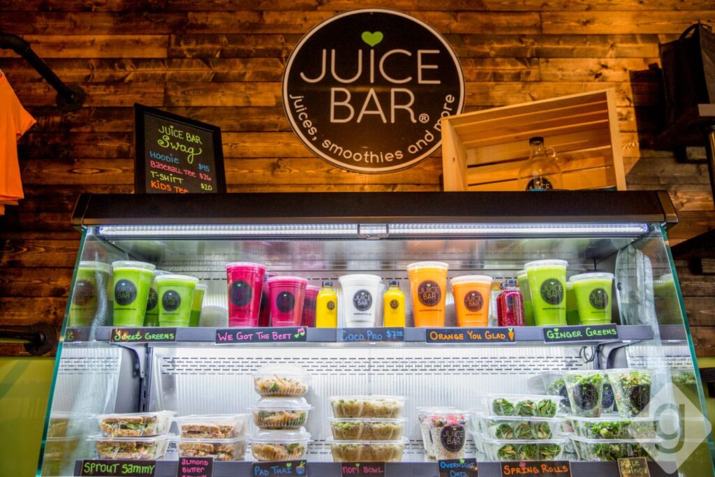 How to Support Small Business: image of a a juice display at Juice Bar. 