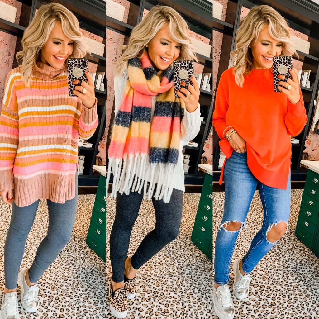 2019 Holiday Gift Guide | Best Cyber Week Sales and Deals by popular Nashville life and style blog, Hello Happiness: collage image of a woman wearing a American Eagle AERIE CHENILLE OVERSIZED TURTLENECK, American Eagle AERIE CHILL LEGGING, American Eagle AERIE WOVEN BLANKET SCARF, American Eagle AERIE PLAY POCKET HIGH WAISTED LEGGING, American Eagle AERIE CHENILLE V-NECK OVERSIZED SWEATER, American Eagle AERIE OVERSIZED COZIEST DESERT SWEATSHIRT, Levi's 721 High Rise Ripped Skinny Women's Jeans, and Nordstrom halogen Baylee Platform Slip-On Sneaker.