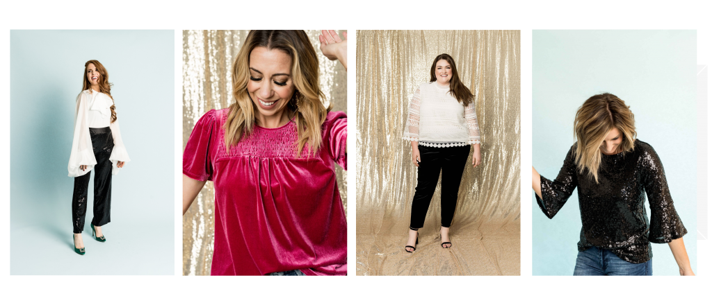 Dress Up, Go Out + Get The Gibson Glam Collection by popular Nashville fashion blog, Hello Happiness: collage image of a women wearing Nordstrom Gibson Glam Sequin Wide Leg Pants, Smocked Velvet Tee, Velvet Leggings and Bell Sleeve Sequin Top. 
