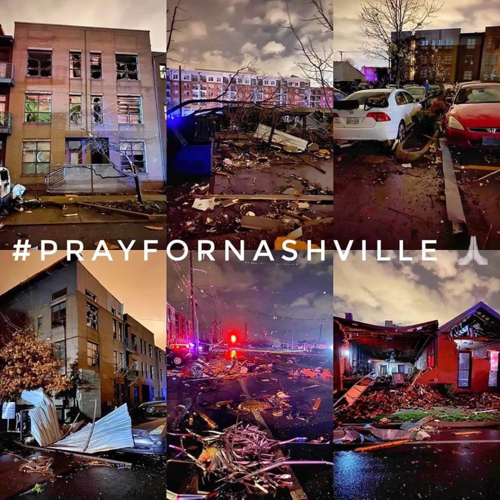 How to Help Tornado Victims by popular Nashville blog, Hello Happiness: collage image of buildings, roads, and cars destroyed by the Nashville, TN tornado.