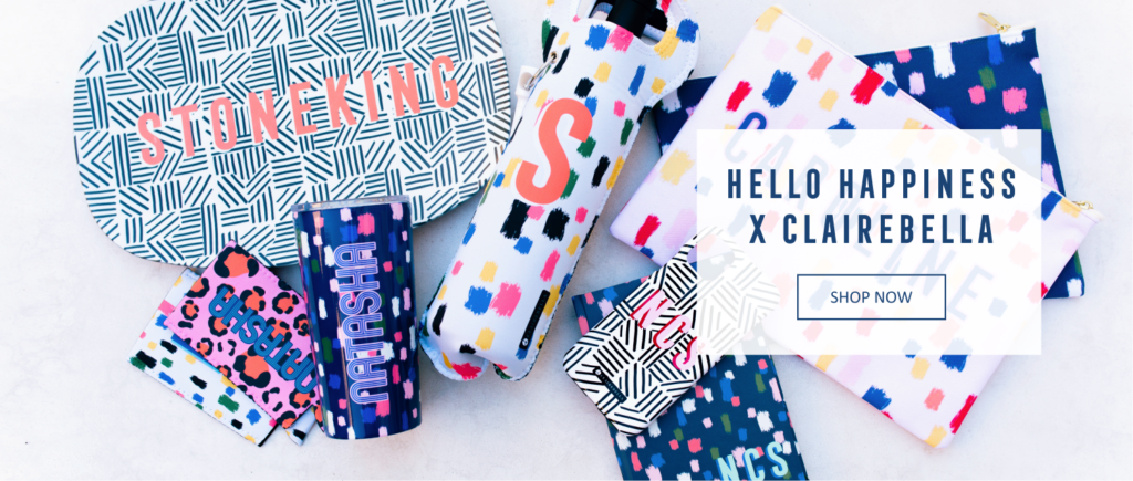 Clairebella Studio by popular Nashville life and style blog, Hello Happiness: image of Clairebella Studio and Hello Happiness personalized tumblers, serving platters, zippered bags, phones cases, and journal. 