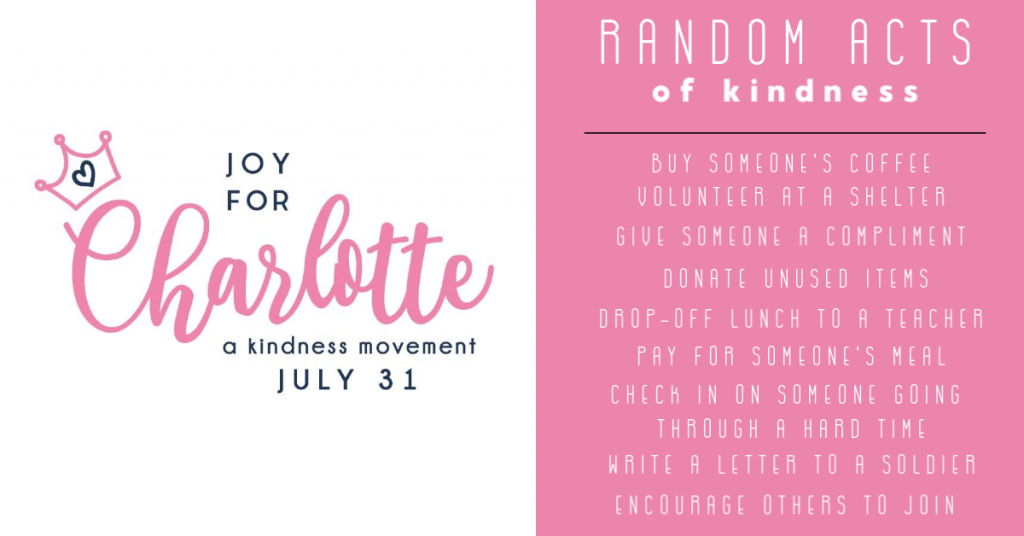 Giving JOY and Kindness for Charlotte... Spread the Love on July 31st with Smidge of This by popular Nashville lifestyle blog, Hello Happiness: text graphic with a list of random acts of kindness.