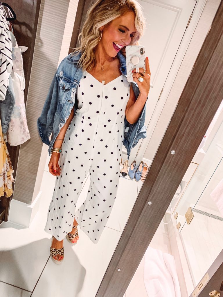 RewardStyle Conference featured by top US fashion blog Hello! Happiness; Image of a woman wearing Able denim jacket and polka dot jumpsuit.