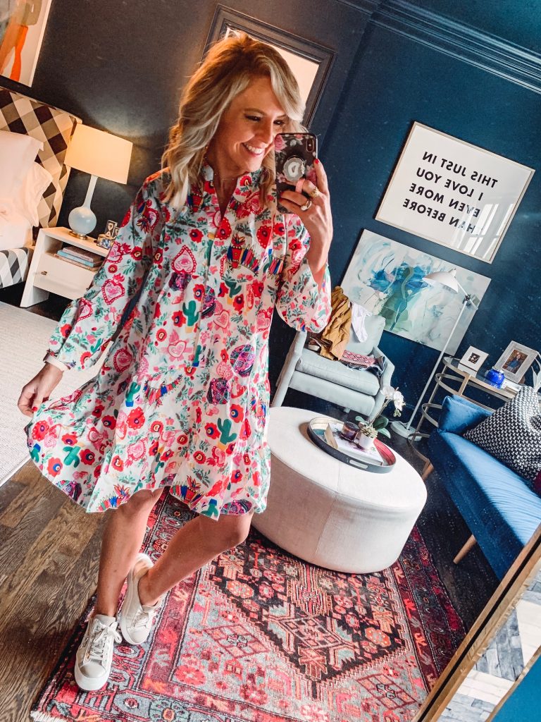 My Current Amazon Favorites by popular Nashville fashion blog, Hello Happiness: image of a woman standing in her room and wearing a Sihand Women's Bohemian Print V-Neck Long Sleeve Dress. 