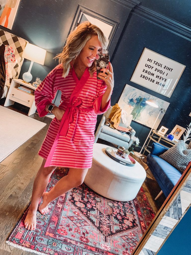 My Current Amazon Favorites by popular Nashville fashion blog, Hello Happiness: image of a woman standing in her room and wearing a Mae Women's Stripe French Terry Kimono Robe. 