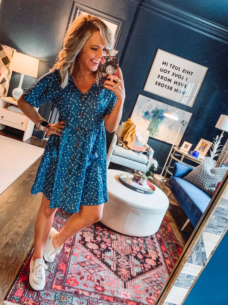 My Current Amazon Favorites by popular Nashville fashion blog, Hello Happiness: image of a woman standing in her room and wearing a LANISEN Babydoll Dresses for Women,Casual Half Sleeve Button Down Loose Tunic Tops Dress.