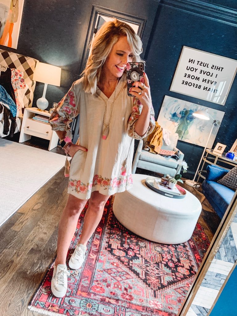 My Current Amazon Favorites by popular Nashville fashion blog, Hello Happiness: image of a woman standing in her room and wearing a R.Vivimos Women's Autumn 3/4 Sleeve Cotton Linen Floral Embroidery Casual Tunic Dresses. 