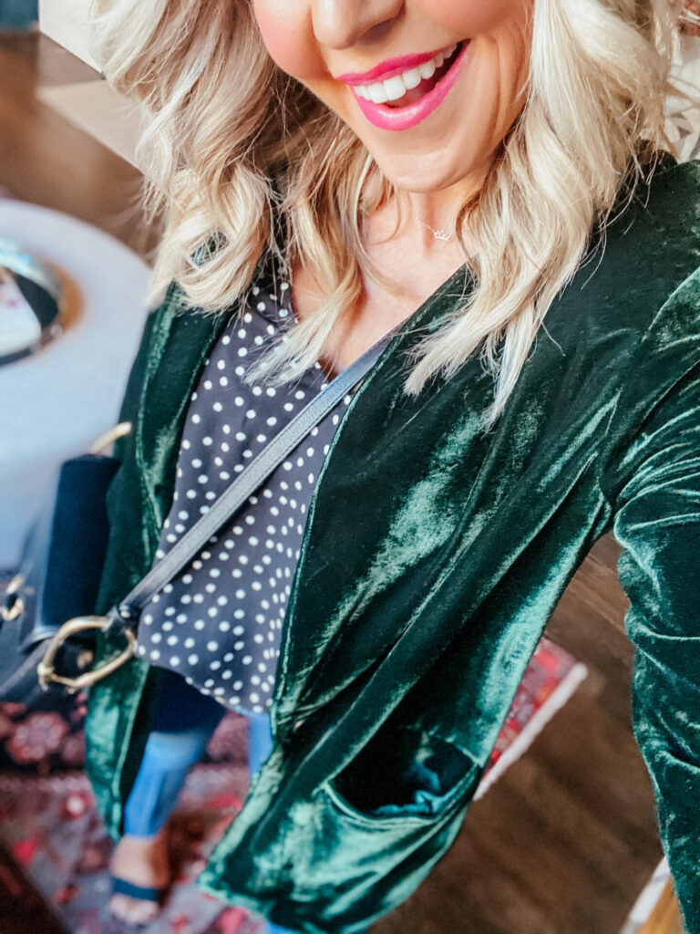 Cyber Monday Sale by popular Nashville life and style blog, Hello Happiness: image of Natasha Stoneking wearing a Endless Rose Velvet blazer. 
