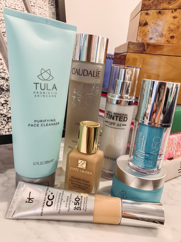 My Morning Skincare Routine | The Summer 2019 Edition by popular Nashville beauty blog, Hello Happiness: image of Tula Probiotic Skincare Purifying Face Cleanser, Estee Lauder Double Wear foundation, IT CC cream, Skin Pharm Mineral Tinted SPF, Neocutis Lumiere Eye Cream, Polypeptide Protein Moisturizer, Caudalie Brightening Glycolic Essence, and Beautyblender Makeup Wedge. 