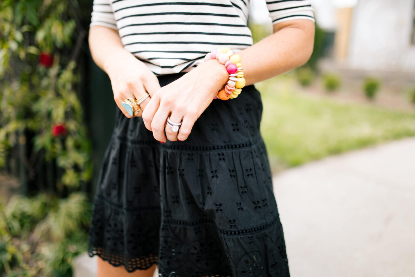 Accessory Concierge by popular Nashville fashion blog, Hello Happiness: image of Natasha Stoneking wearing a Accessory Concierge Here Comes the Sun Collar, striped ballet top and eyelet skirt. 
