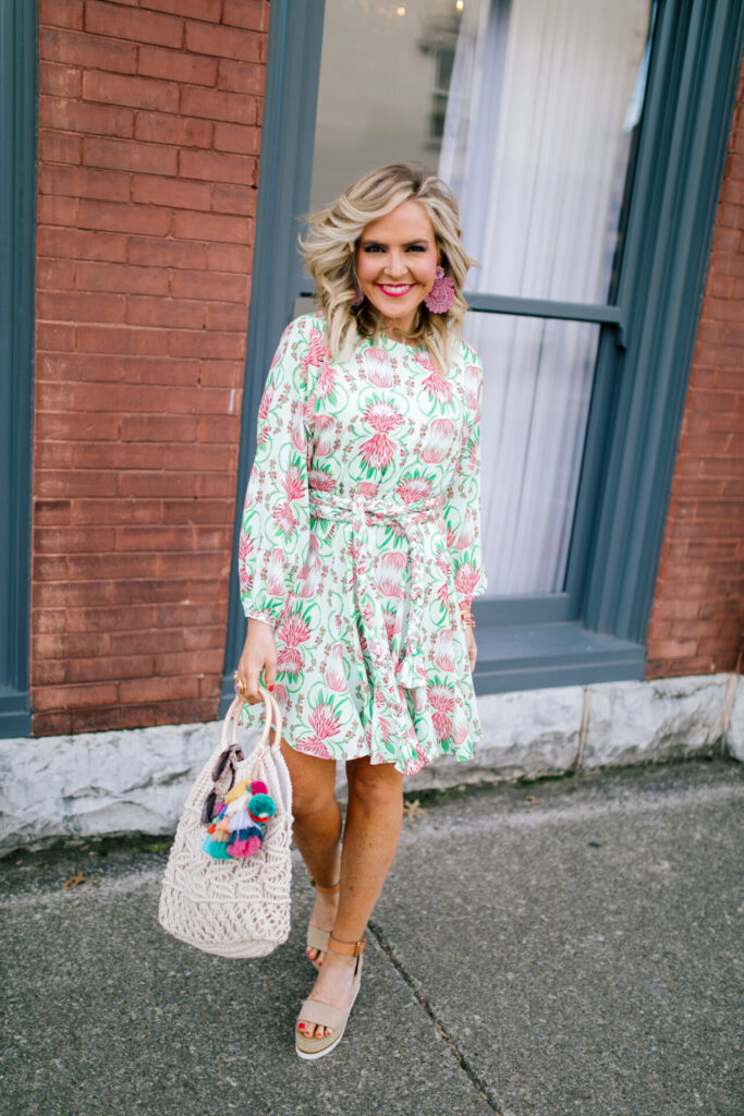 Mother's Day Gift Ideas by popular Nashville life and style blog, Hello Happiness: image of a woman wearing a Emily McCarthy PARTY SWING DRESS, Hat Attack Cotton Cord Bag, Amazon LITOON Tassel Pom Pom Key Chain, See by Chloe Glyn Platform Espadrilles, and Lisi Lerch NATALIE earrings. 