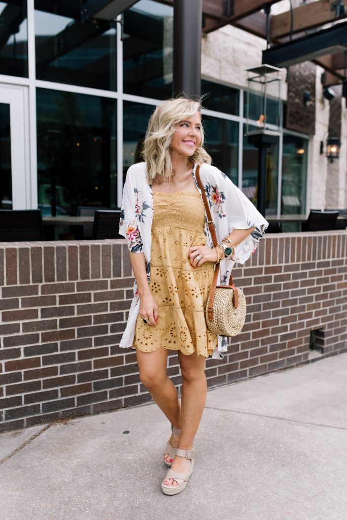 Ready, Set, SHOP! The Best in 4th of July Sales by popular Nashville fashion blog, Hello Happiness: image of woman wearing Sole Society FLORAL PRINTED KIMONO and Sole Society AUDRINA Flatform espadrille.