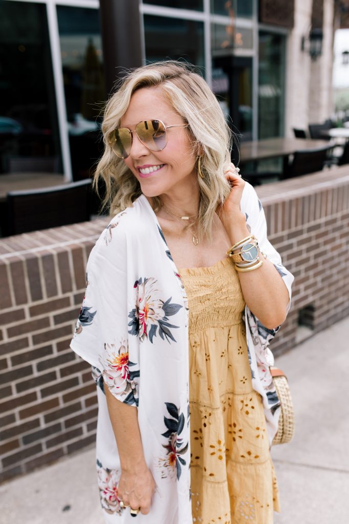 Sole Society featured by top US fashion blog Hello! Happiness; Image of a woman wearing Sole Society floral kimono, Sole Society wedges, American Eagle dress and Sole Society crossbody bag.