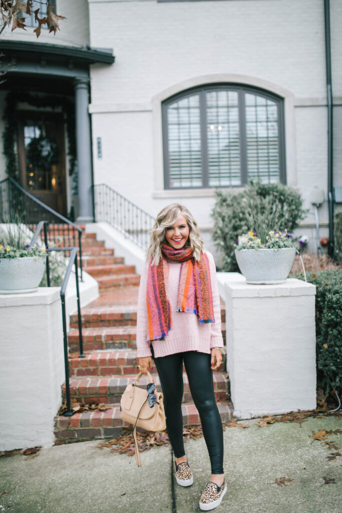 Cyber Monday Sale by popular Nashville life and style blog, Hello Happiness: image of Natasha Stoneking wearing a pair of Spanx faux leather leggings. 
