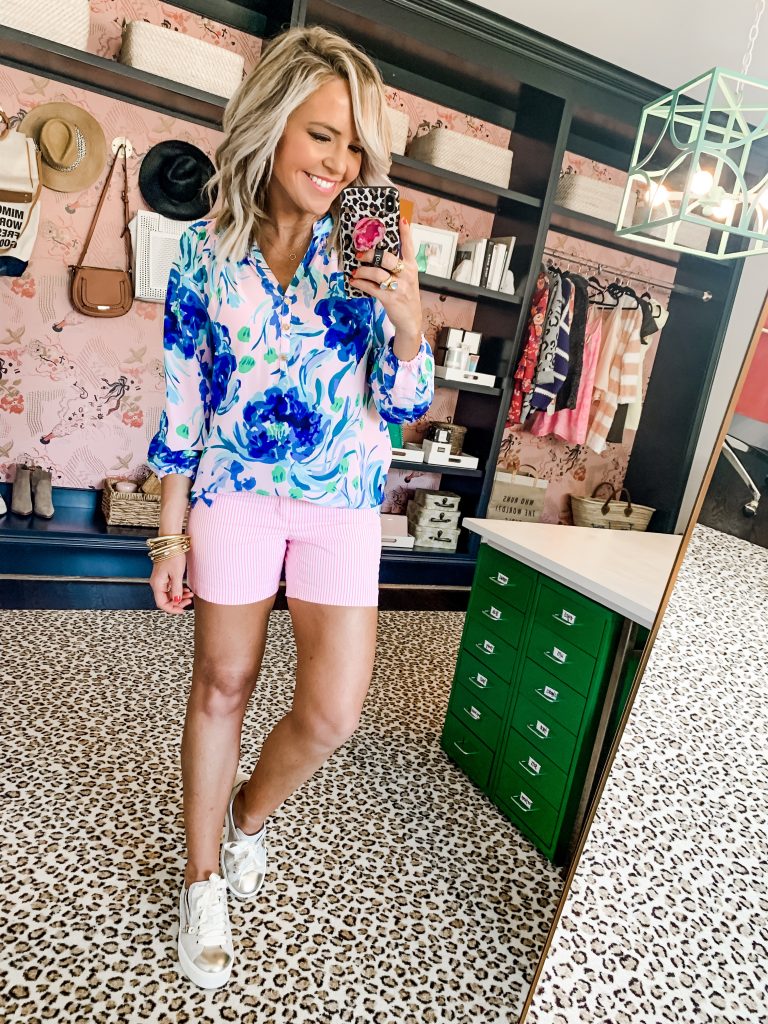 The Lilly Pulitzer After Party Sale is LIVE! by popular Nashville fashion blog, Hello Happiness: image of a woman wearing a Lilly Pulitzer Elsa Silk Top.