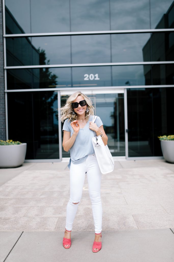 Ready, Set, SHOP! The Best in 4th of July Sales by popular Nashville fashion blog, Hello Happiness: image of woman standing outside in front of glass business building wearing pink Dovina Wedge Sandals.