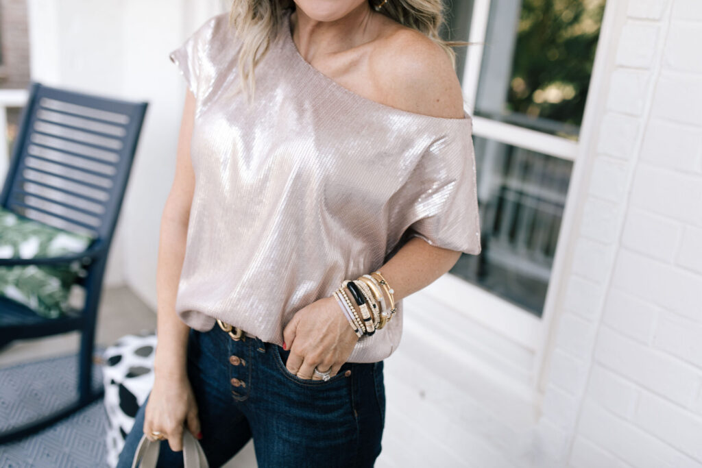 Holiday Collection by popular Nashville fashion blog, Hello Happiness: image of Natasha Stoneking wearing a Gibson x Glam off the shoulder slouchy sequin shirt. 