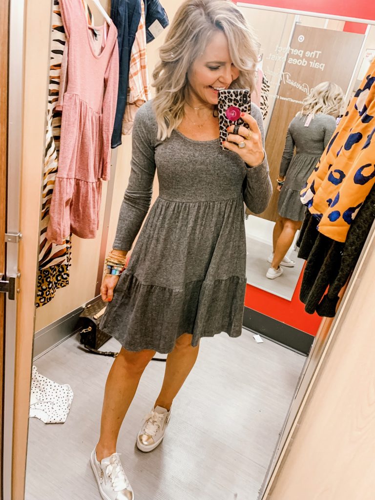 The Friday Five...by popular Nashville life and style blog, Hello Happiness: image of a woman wearing a Target Wild Fable Women's Long Sleeve U-Neck Brushed Knit Babydoll Mini Dress.