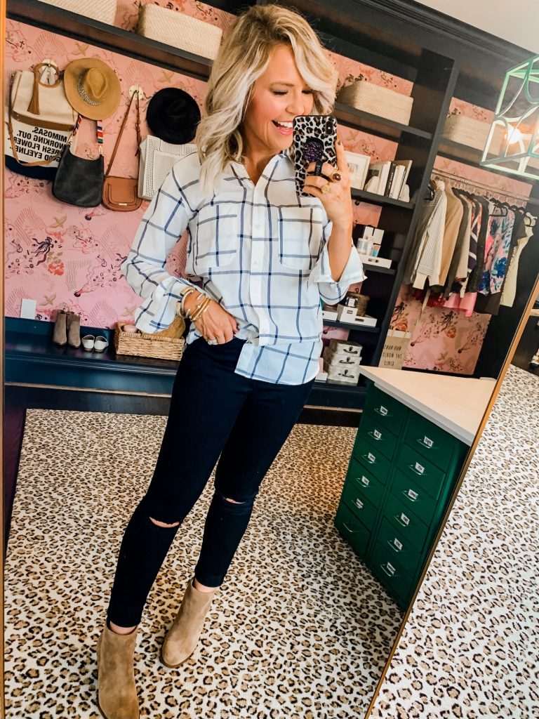 The Friday Five...by popular Nashville life and style blog, Hello Happiness: image of a woman wearing a Abercrombie and Fitch Boyfriend Shirt and Abercrombie and Fitch Ultra High Rise Super Skinny Jeans.