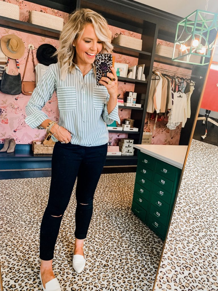 The Friday Five...by popular Nashville life and style blog, Hello Happiness: image of a woman wearing an Abercrombie and Fitch Popover Shirt.