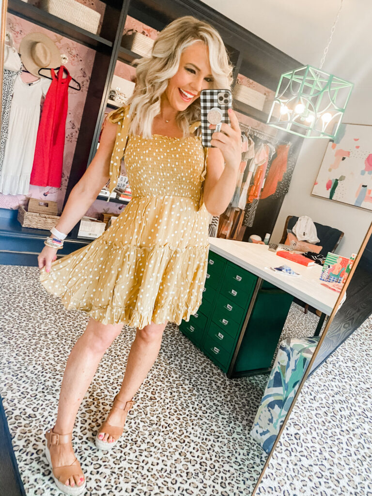 Amazon Favorites by popular Nashville fashion blog, Hello Happiness: image of Natasha Stoneking wearing a Amazon R.Vivimos Women's Summer Cotton Straps Polka Dot Ruffled Swing A-Line Mini Dresses.