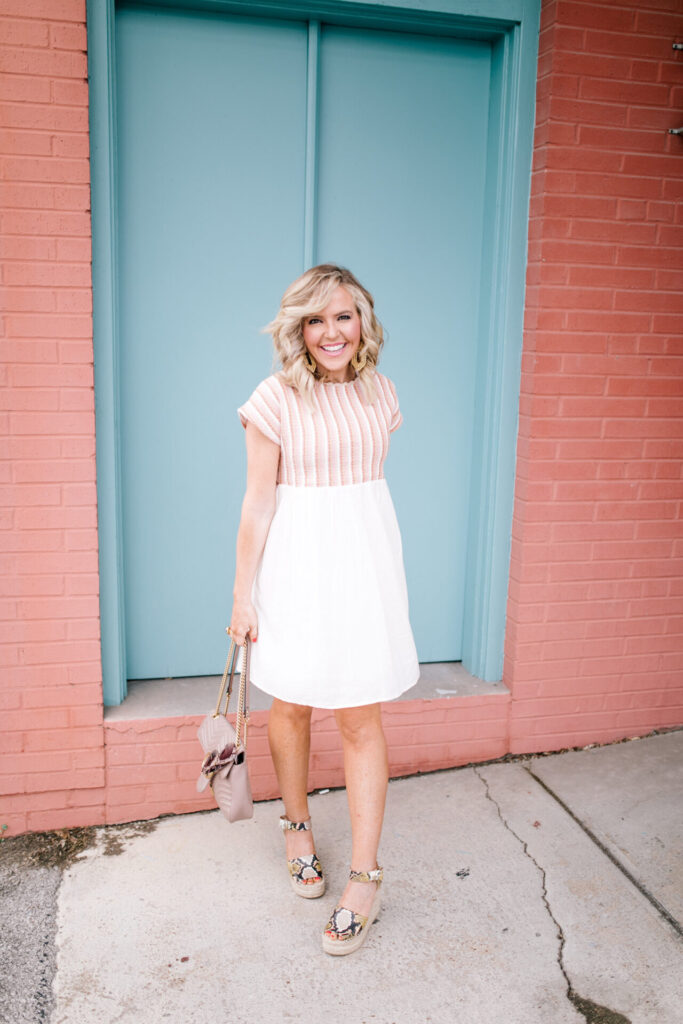Cute Spring Shoes by popular Nashville fashion blog, Hello Happiness: image of a woman wearing a Gold and Grae Amelia Embroidered Babydoll Dress, Gucci bag, Lisi Lerch MARY earrings, and Marc Fisher LTD  ALIDA ESPADRILLE WEDGE SANDAL.
