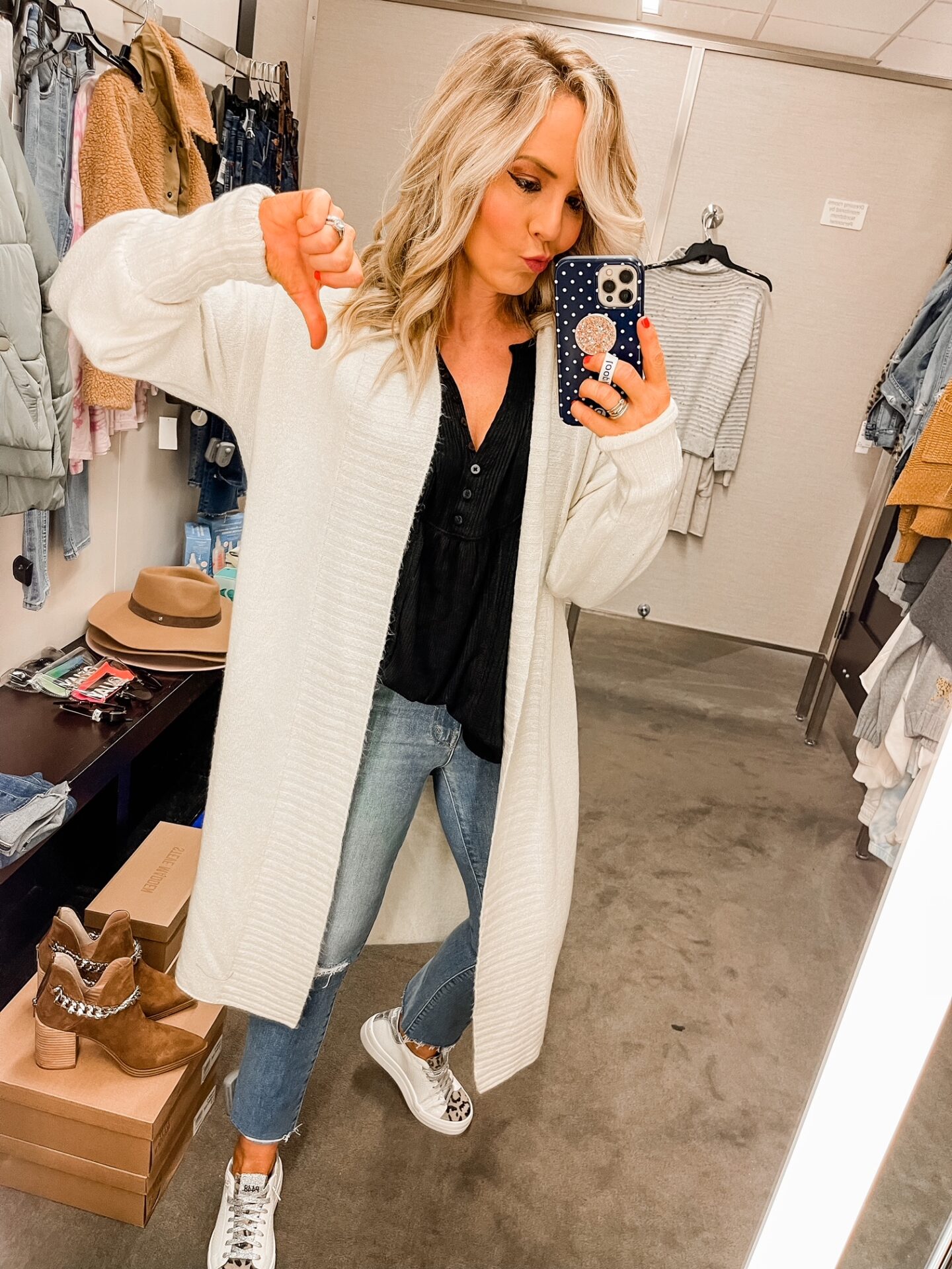 Nordstrom Anniversary Sale by popular Nashville fashion blog, Hello Happiness: image of Natasha Stoneking wearing a Nordstrom Shaylee long cardigan, mother insider denim and Thea platforms. 